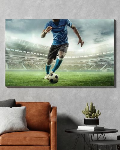 Cropped image of running soccer, football player at stadium during football match. Concept of sport, competition, goals