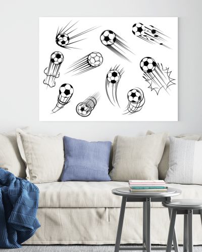 Soccer and football ball flying with goal kick trace, vector icons. Soccer sport club and football college team tournament and sport game match cup balls symbols