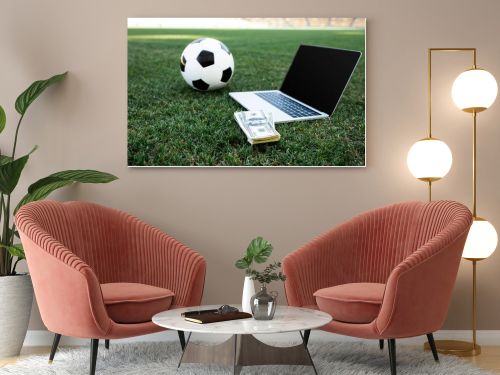 selective focus of soccer ball, money and laptop with blank screen on grassy football pitch at stadium, online betting concept