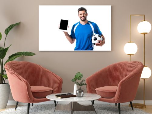 happy soccer player with Digital Tablet and ball Isolated On White