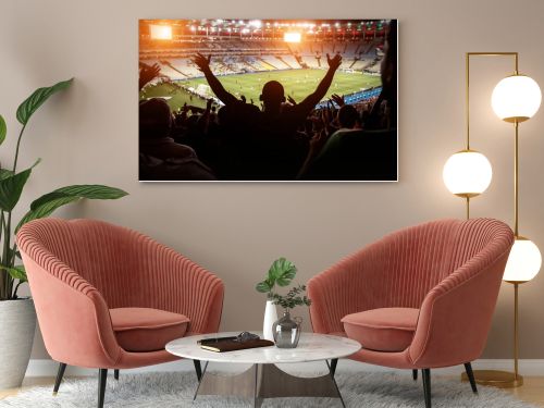 Football, soccer fan support their team and celebrate goal, score, victory. Black silhouette