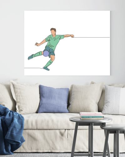 Single continuous line drawing of young energetic football striker shooting a first time kick technique. Soccer match sports concept. One line draw design vector illustration