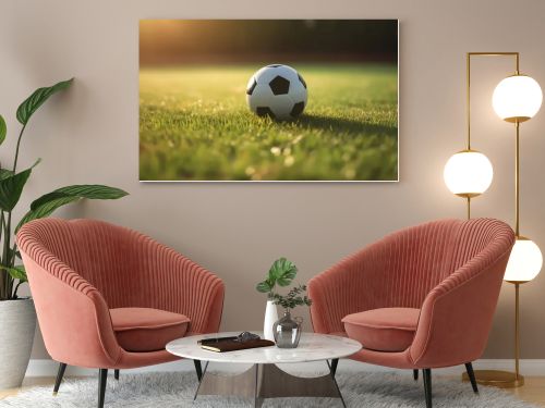 Soccer ball on grass field, sport concept.