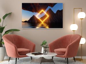 3d rendering, seascape with cliffs, water and yellow neon square geometric shape. Modern minimal abstract background. Spiritual zen wallpaper with sunset or sunrise light