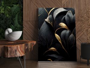 Black and gold, luxury background, floral shapes, black silk texture with golden motifs, 4k abstract luxurious design, 3D render, 3D illustration