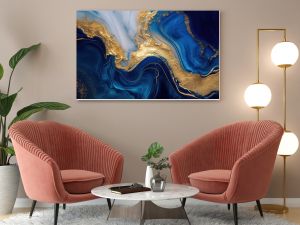 Abstract blue marble texture with gold splashes, blue luxury background