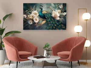 modern interior mural painting wall art decor abstraction wallpaper with white, dark green and golden tropical palm leaf branches and flowers with feathers peacock bird 