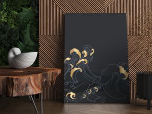 vector illustration of an abstract background Japanese  golden wave in dark night with half moon 