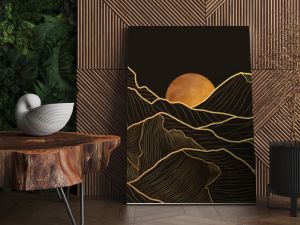 Mountain line art background, luxury gold wallpaper design for cover, invitation background, packaging design, wall art and print. Vector illustration.