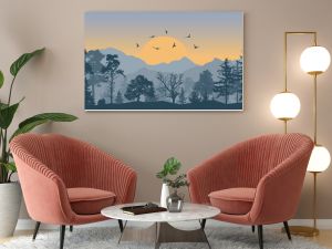 Beautiful forest on background of mountains and sunset and flying birds, silhouettes. Vector illustration