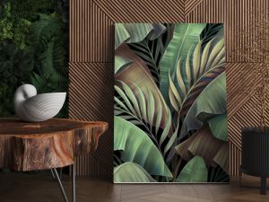 Tropical seamless pattern with beautiful palm, banana leaves. Hand-drawn vintage 3D illustration. Glamorous exotic abstract background design. Good for luxury wallpapers, cloth, fabric printing, goods