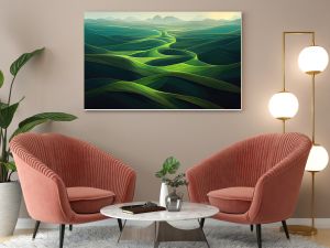 Abstract green landscape wallpaper background illustration design with hills and mountains