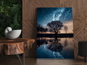 starry sky, with trees Silhouette in the horizon