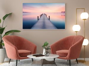 A straight flat simplistic rectangular lake dock, beautiful sunrise, foggy, calm water. Nature relax wallpaper.