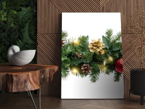 Seamless decorative christmas border with coniferous branches and garlands of christmas lights and ornaments cosmetics festival perfume.