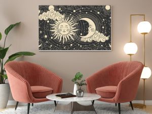 Magical banner for astrology, celestial alchemy. Heavenly art for the zodiac, tarot, device of the universe, crescent moon with a face, clouds, sun with the moon on a black background. Esoteric vector