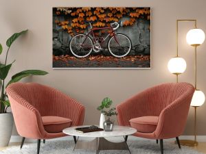 Rustic Bicycle Against Brick Wall With Autumn Leaves