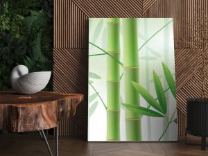 Poziome tło z zielonymi bambusowymi łodygami i liśćmi na białym tle