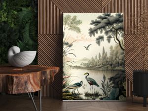 Vintage wallpaper featuring a forest landscape with lake, vegetation, trees, birds and herons.