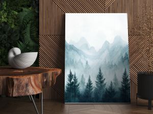 Watercolor of landscape forest misty mountains horizon and fog and hills,pine tree fir tree,Autumn forest background,drawn by hand,Autumn illustration design elements for landscape,wallpaper.