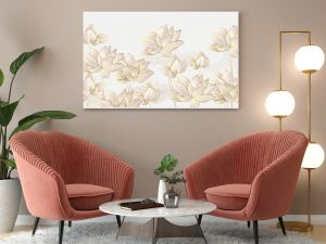 Luxury wallpaper design with Golden lotus and natural background. Lotus line arts design for wall arts, fabric, prints and background texture, Vector illustration.