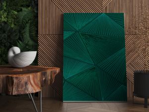 Abstract triangular dark green mosaic tile wallpaper texture with geometric fluted triangles background banner