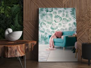 Chair and turquoise sofa in green living room interior with leaves wallpaper and table. Real photo