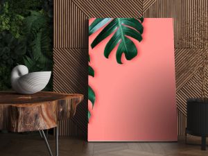 Dragon Tail Monstera or Epipremnum Pinnatum tropical leaves on coral color background minimal summer