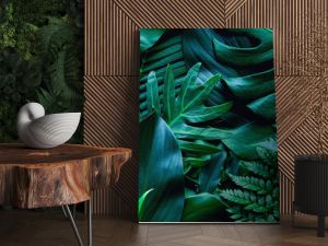 closeup tropical green leaf background. Flat lay, fresh wallpaper banner concept