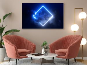 3d rendering, abstract futuristic background with neon geometric shape and stormy cloud on night sky. Rhombus frame with copy space