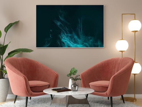 abstract artistic background with turquoise paint flowing on black 