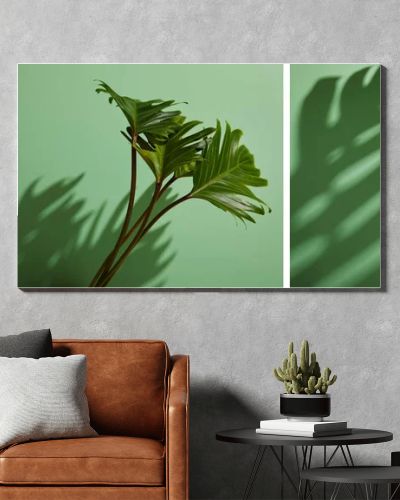 collage of fresh tropical green leaves on green background with shadow