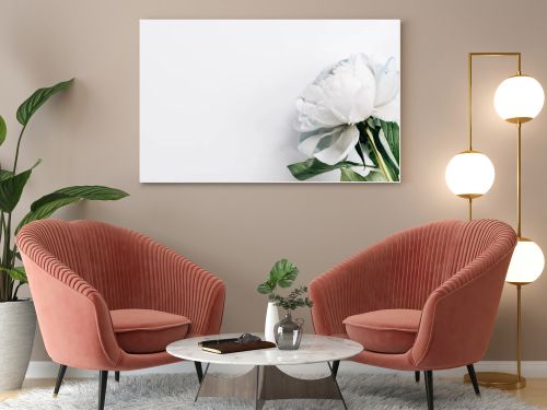 top view of blue and white peony with green leaves on white background