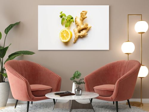 top view of ginger root, lemon and mint on white background