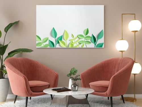 top view of green paper plants with leaves on grey background