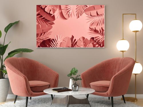 top view of tropical paper cut palm leaves on pink background