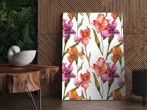 Red and purple irises. Watercolor illustration set. Seamless background pattern. Fabric wallpaper print texture.