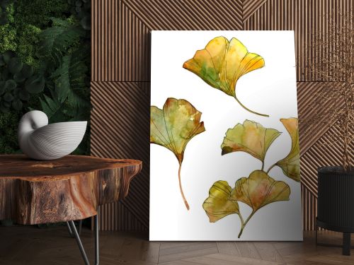 Yellow and green ginkgo biloba isolated leaves. Watercolor background illustration set. 