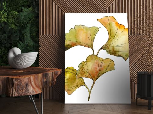 Yellow and green ginkgo biloba isolated leaves. Watercolor background illustration set. 