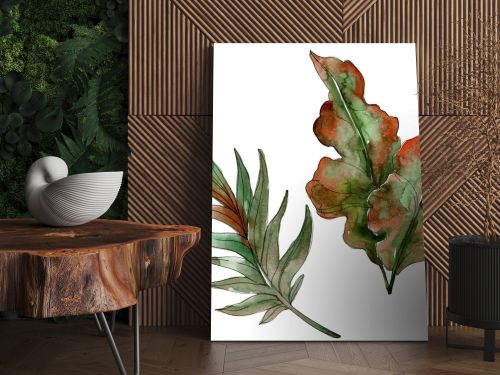 Exotic tropical green palm leaves. Watercolor illustration set. 