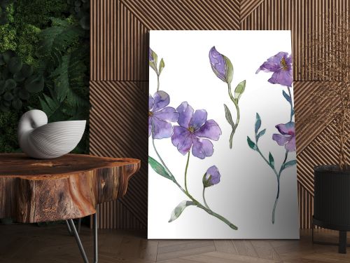 Blue and purple flax floral botanical flower. Wild spring leaf wildflower isolated. Watercolor background illustration set. Watercolour drawing fashion aquarelle. Isolated flax illustration element.