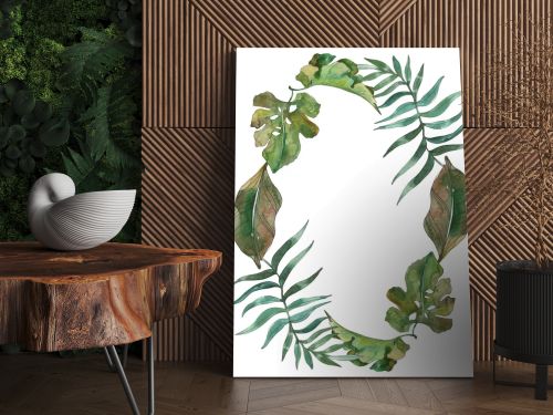 Exotic tropical hawaiian summer. Palm beach tree leaves. Watercolor background illustration set. Watercolour drawing fashion aquarelle isolated. Frame border ornament square.