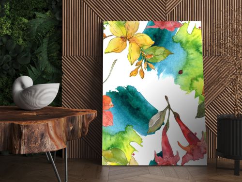 Red and yellow tropical botanical flowers. Wild spring leaf isolated. Watercolor illustration set. Watercolour drawing fashion aquarelle. Seamless background pattern. Fabric wallpaper print texture.