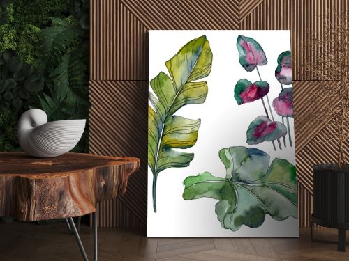 Green leaf plant botanical garden floral foliage. Exotic tropical hawaiian summer. Watercolor background illustration set. Watercolour drawing fashion aquarelle. Isolated leaf illustration element.