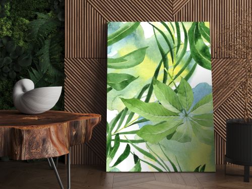 Exotic tropical hawaiian green palm leaves. Watercolor background set. Seamless background pattern.