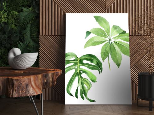 Exotic tropical hawaiian green palm leaves isolated on white. Watercolor background set. 