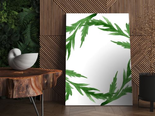 Green poppy leaves isolated on white. Watercolor background illustration set. Frame ornament with copy space.