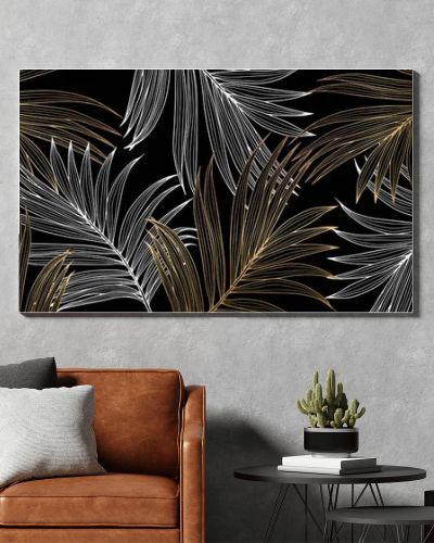 Tropical dark luxury background with golden and white palm leaves. Background for decor, covers, wallpapers, postcards and presentations