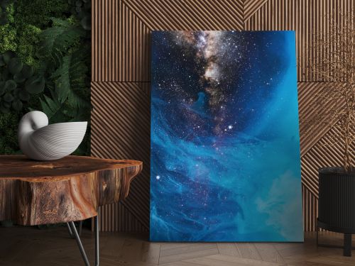 full frame image of mixing blue and black paint splashes in water with universe background