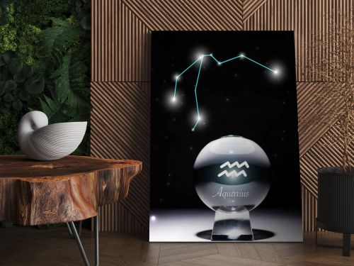 crystal ball with Aquarius zodiac sign isolated on black with constellation